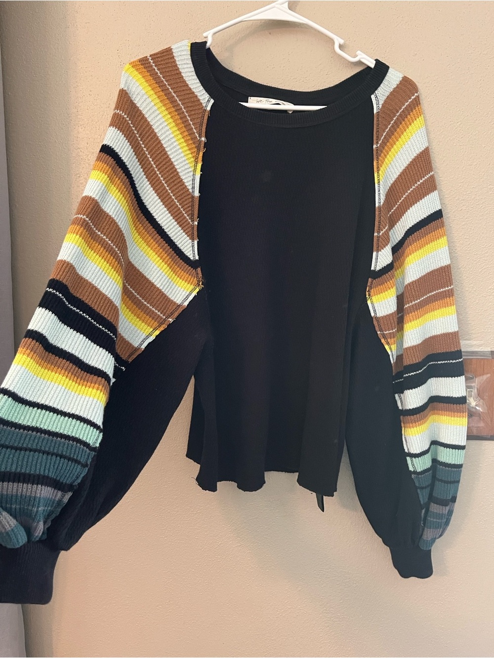 We The Free Black Sweater with Striped Balloon Sleeves